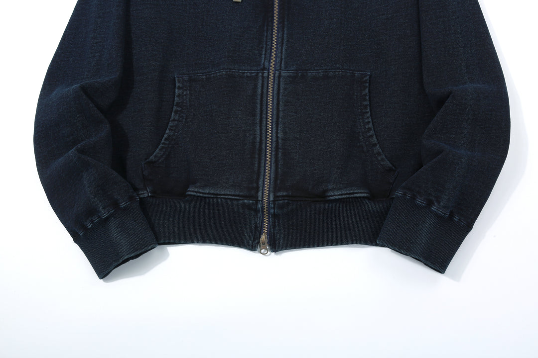 Samurai Jeans SIS25-102 14.5oz Indigo Full-Zip Hoodie - Kakishibu Overdyed Hem and Sleeve