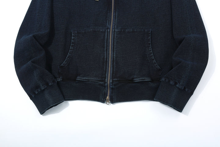 Samurai Jeans SIS25-102 14.5oz Indigo Full-Zip Hoodie - Kakishibu Overdyed Hem and Sleeve