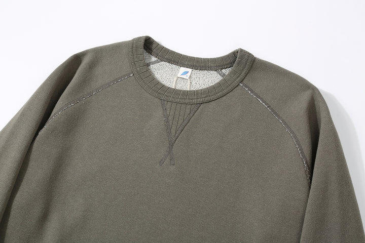 Pure Blue Japan 5400-SUMI Raglan Sleeve Sweatshirt - Sumi-Dyed Made in Japan - Front Neckline and Raglan Seam Detail