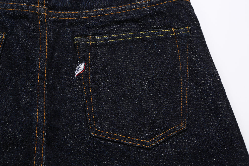 Pure Blue Japan SLB-003 16.5oz Slub Selvedge Jeans - Back Pocket and Shoai Leaf Embroidery Detail