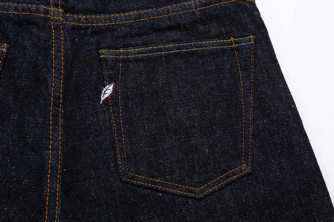 Pure Blue Japan SLB-003 16.5oz Slub Selvedge Jeans - Back Pocket and Shoai Leaf Embroidery Detail
