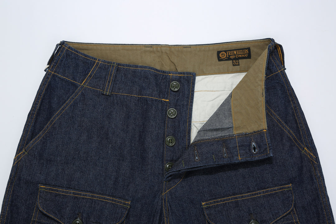 Freewheelers S-8 Aviators trousers 10.5oz indigo denim military flight pants tapered fit Japan detail