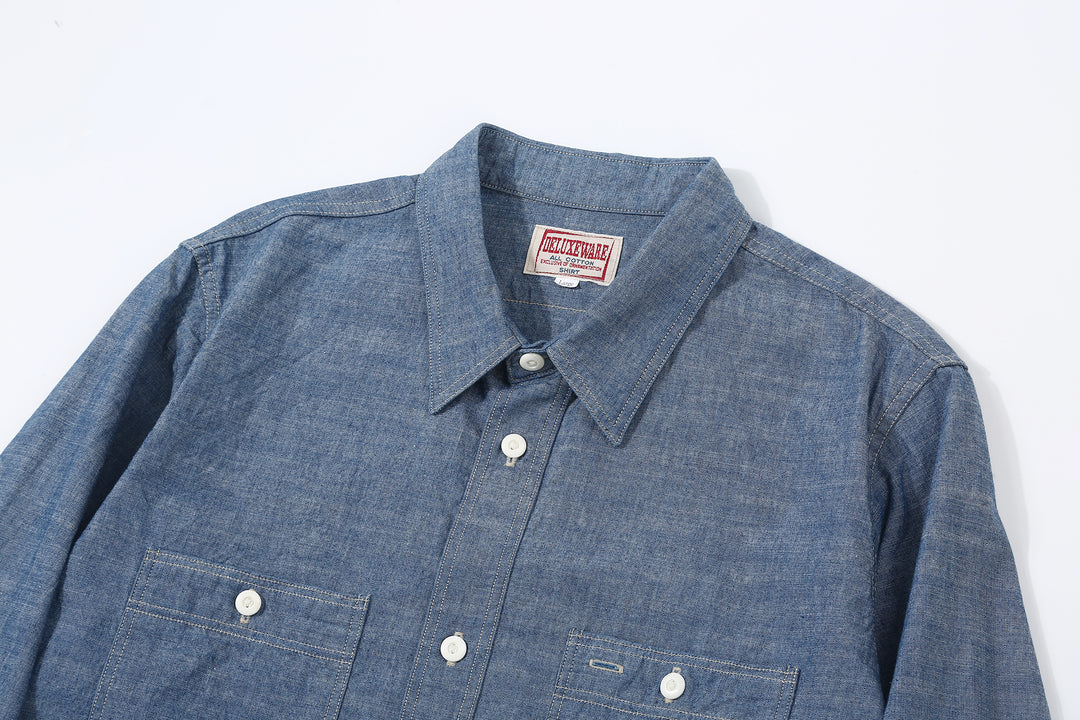 Deluxeware 7623 7oz selvedge chambray work shirt light indigo collar 