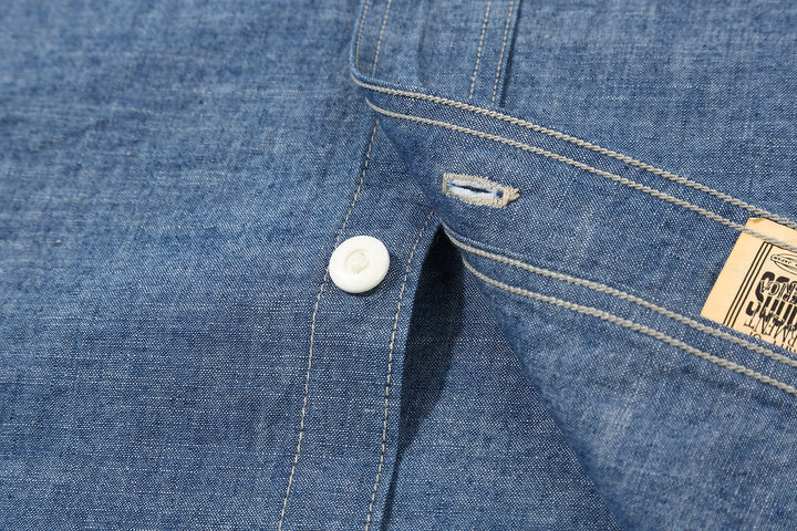Deluxeware 7623 7oz selvedge chambray work shirt light indigo button detail