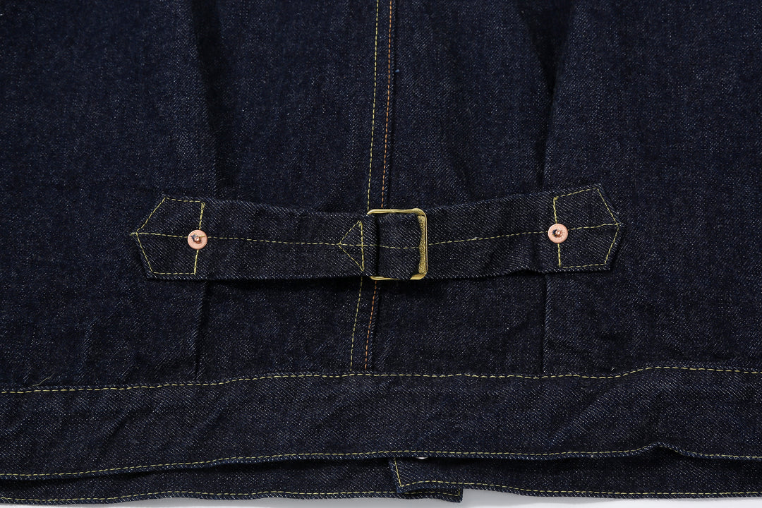 Boncoura 43 WWII Natural Indigo Dyed Type 1 Denim Jacket - 15th Anniversary Model Cinch Back Close Up