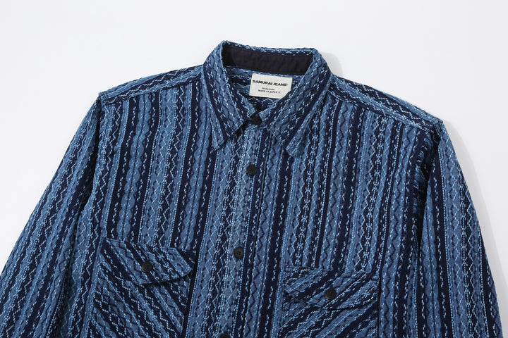 Samurai Jeans SSS25-SKSW Natural Indigo Sashiko Stripe Work Shirt - Collar and Upper Front Detail