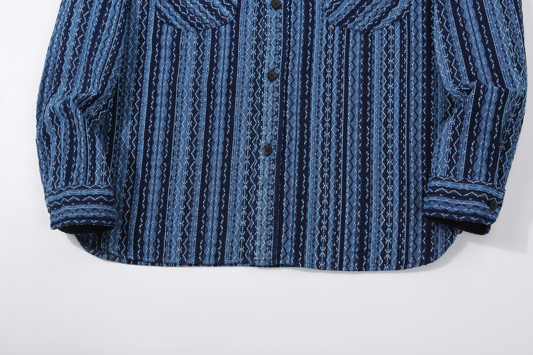 Samurai Jeans SSS25-SKSW Natural Indigo Sashiko Stripe Work Shirt - Front Construction Detail