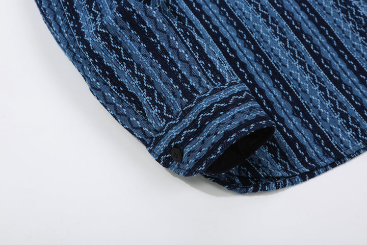 Samurai Jeans SSS25-SKSW Natural Indigo Sashiko Stripe Work Shirt - Cuff Button and Navy Twill Lining