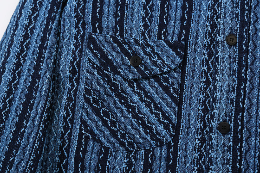 Samurai Jeans SSS25-SKSW Natural Indigo Sashiko Stripe Work Shirt - Right Flap Chest Pocket Detail