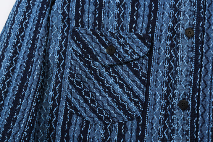Samurai Jeans SSS25-SKSW Natural Indigo Sashiko Stripe Work Shirt - Right Flap Chest Pocket Detail