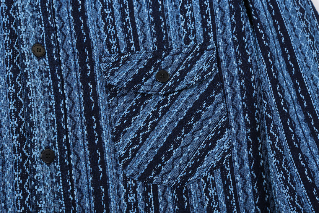 Samurai Jeans SSS25-SKSW Natural Indigo Sashiko Stripe Work Shirt - Left Flap Chest Pocket Detail