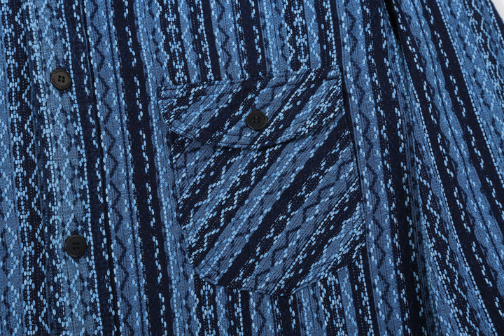 Samurai Jeans SSS25-SKSW Natural Indigo Sashiko Stripe Work Shirt - Left Flap Chest Pocket Detail
