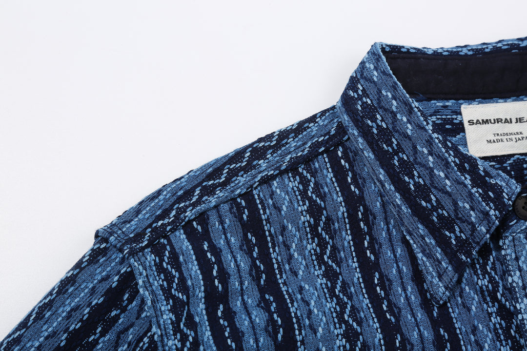 Samurai Jeans SSS25-SKSW Natural Indigo Sashiko Stripe Work Shirt - Collar and Shoulder Detail