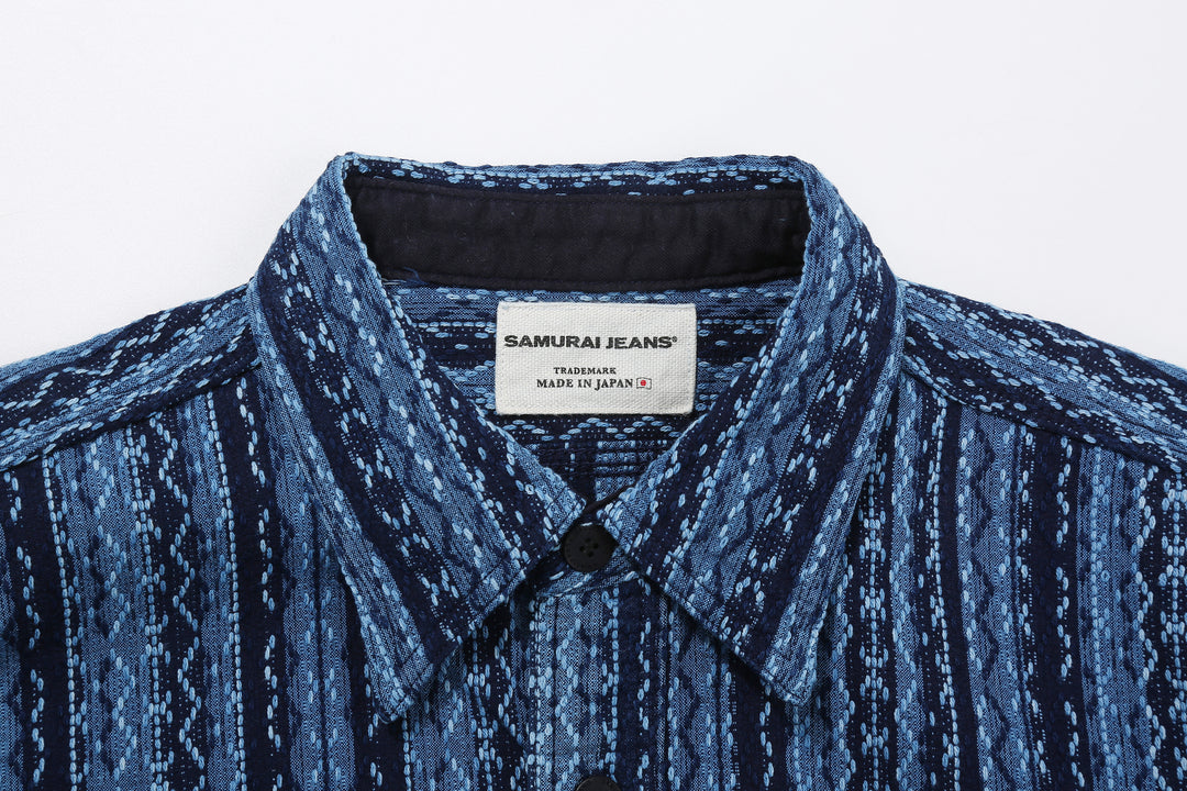 Samurai Jeans SSS25-SKSW Natural Indigo Sashiko Stripe Work Shirt - Collar and Woven Brand Label
