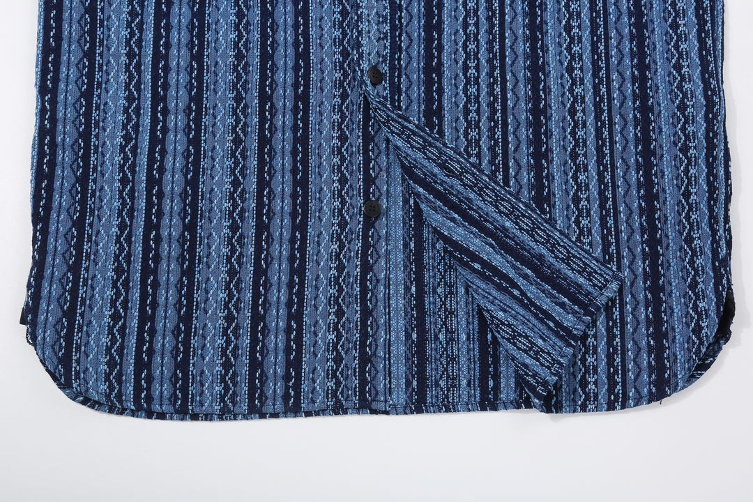 Samurai Jeans SSS25-SKSW Natural Indigo Sashiko Stripe Work Shirt - Lower Front and Curved Hem Detail