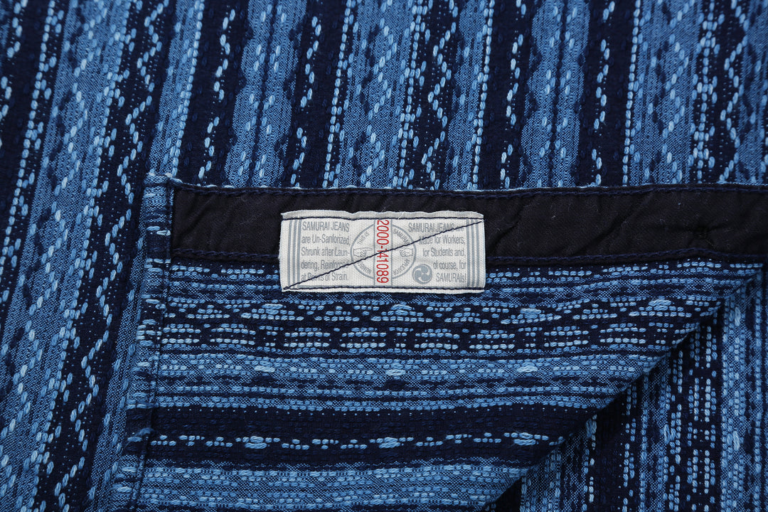 Samurai Jeans SSS25-SKSW Natural Indigo Sashiko Stripe Work Shirt - Union Ticket and Navy Twill Reinforcement