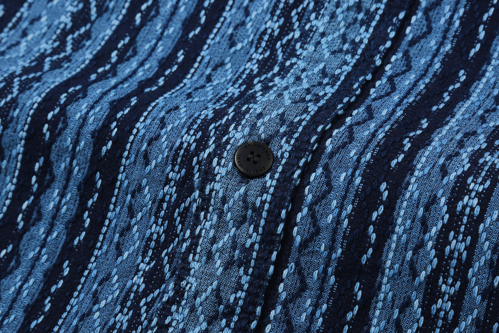 Samurai Jeans SSS25-SKSW Natural Indigo Sashiko Stripe Work Shirt - Button Close-Up Detail