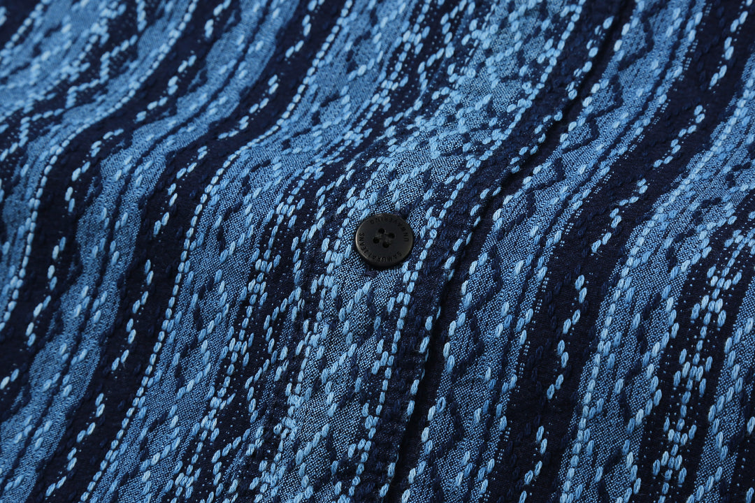Samurai Jeans SSS25-SKSW Natural Indigo Sashiko Stripe Work Shirt - Button Close-Up Detail