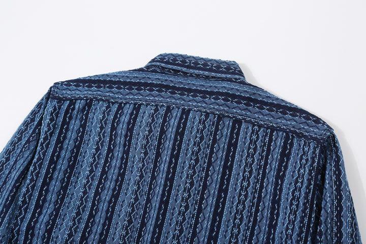 Samurai Jeans SSS25-SKSW Natural Indigo Sashiko Stripe Work Shirt - Back Yoke and Collar Detail