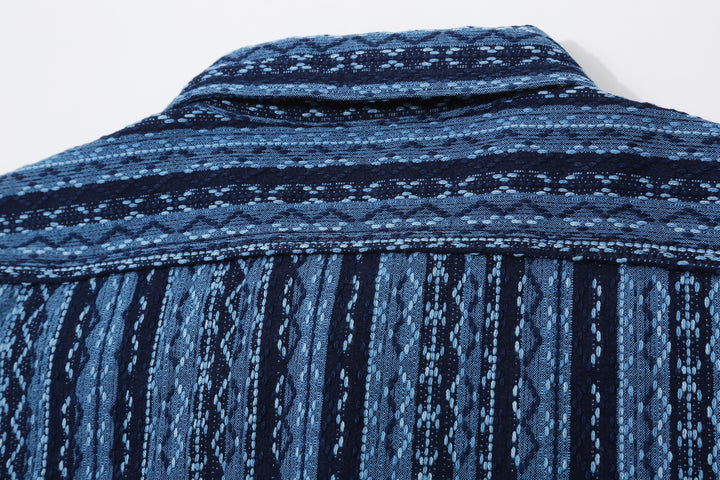 Samurai Jeans SSS25-SKSW Natural Indigo Sashiko Stripe Work Shirt - Triple-stitched Back Yoke Construction