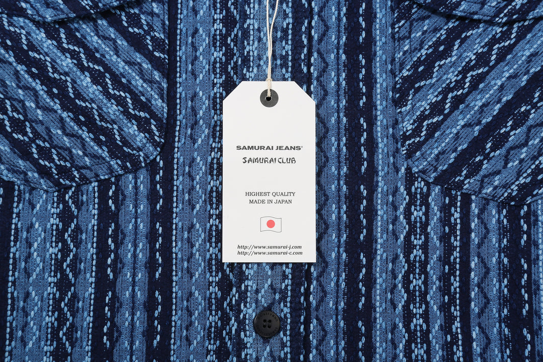 Samurai Jeans SSS25-SKSW Natural Indigo Sashiko Stripe Work Shirt - Hang Tag