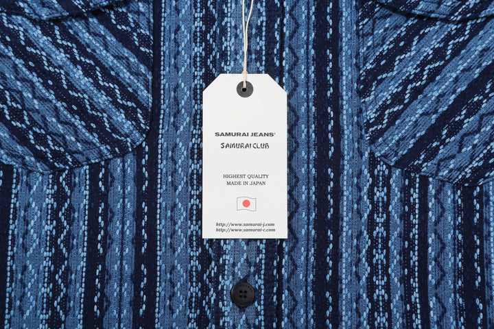 Samurai Jeans SSS25-SKSW Natural Indigo Sashiko Stripe Work Shirt - Hang Tag