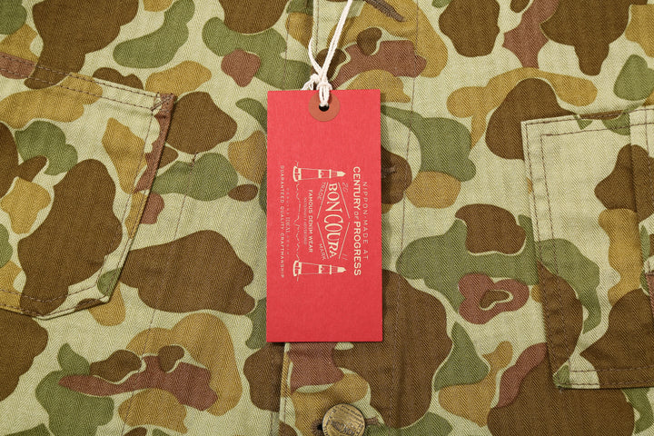 Boncoura Duck Hunter Camo Coverall – Boncoura Hang Tag and Front Pocket Detail