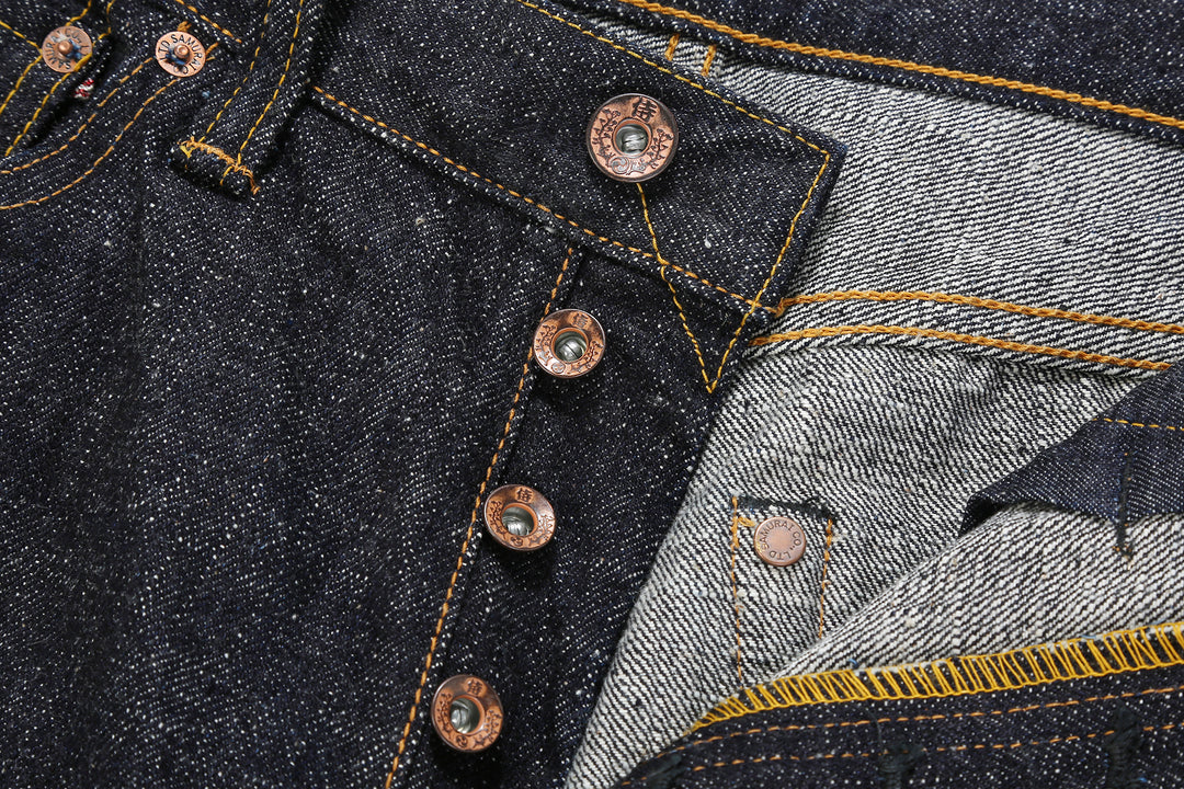 Samurai Jeans S5100VX Zero 17oz Bushido selvedge denim regular straight fit button close up_2