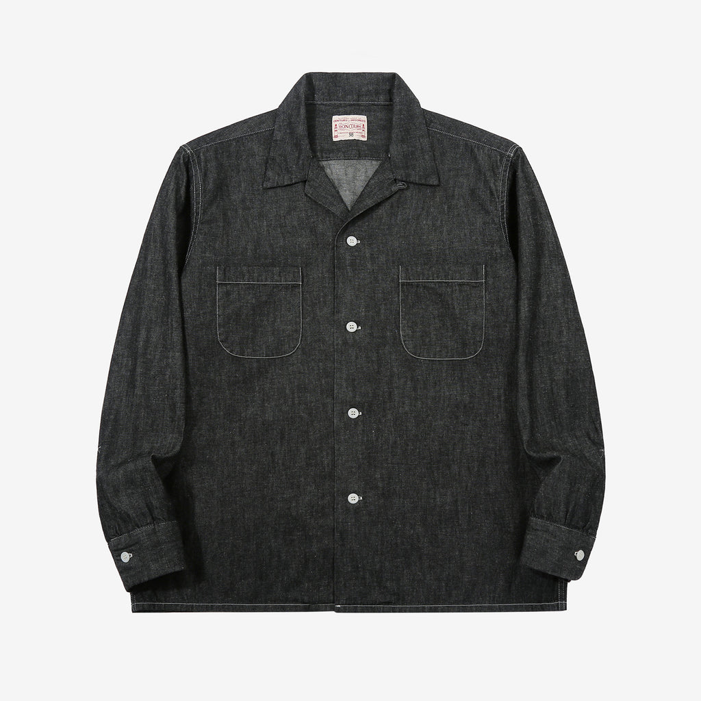 Boncoura Cotton Linen Open Collar Shirt in Rope-Dyed Black – Front View