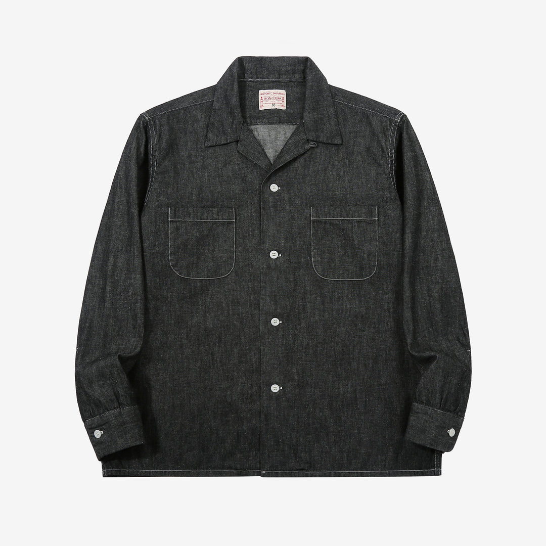 Boncoura Cotton Linen Open Collar Shirt in Rope-Dyed Black – Front View