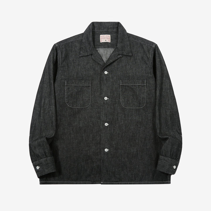 Boncoura Cotton Linen Open Collar Shirt in Rope-Dyed Black – Front View