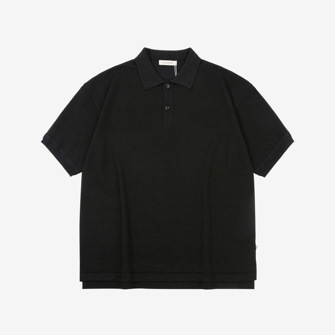 Un-Useless 170218 Plating Knit Linen Polo Shirt Made in Japan Black Front