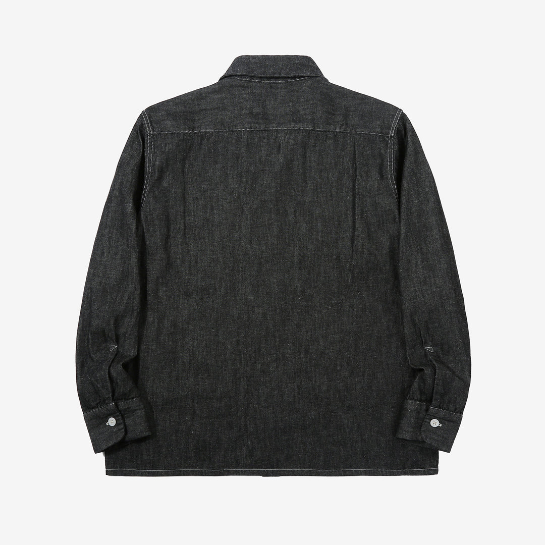 Boncoura Cotton Linen Open Collar Shirt in Rope-Dyed Black – Back View