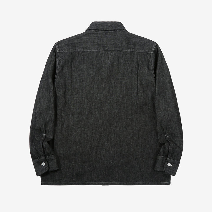 Boncoura Cotton Linen Open Collar Shirt in Rope-Dyed Black – Back View