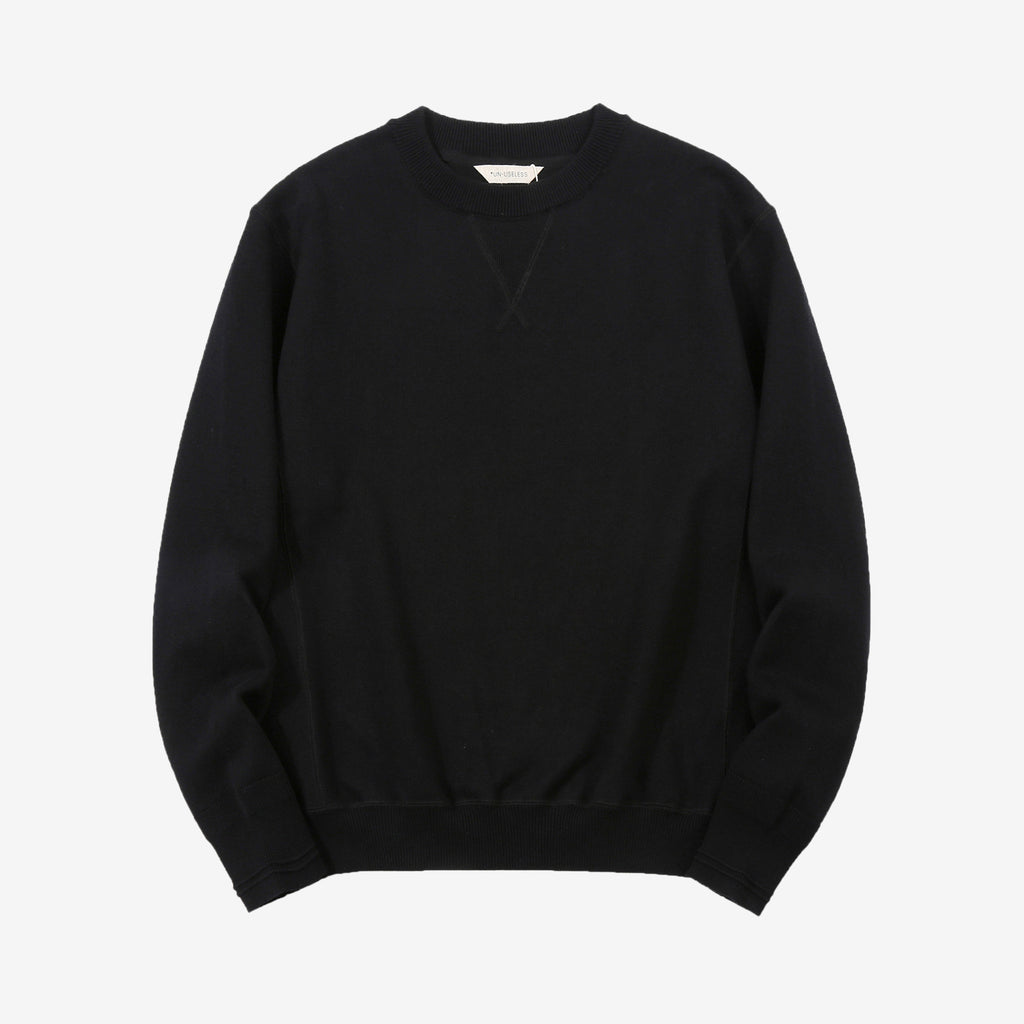 Un-Useless 170401 inlay knit crew neck sweatshirt made in Japan cotton knit black front view