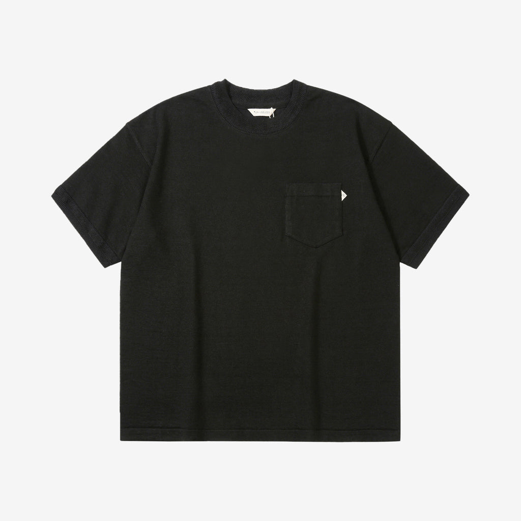 Un-Useless 170205 linen KNITEE short sleeve crew neck pocket knit T-shirt made in Japan black front view