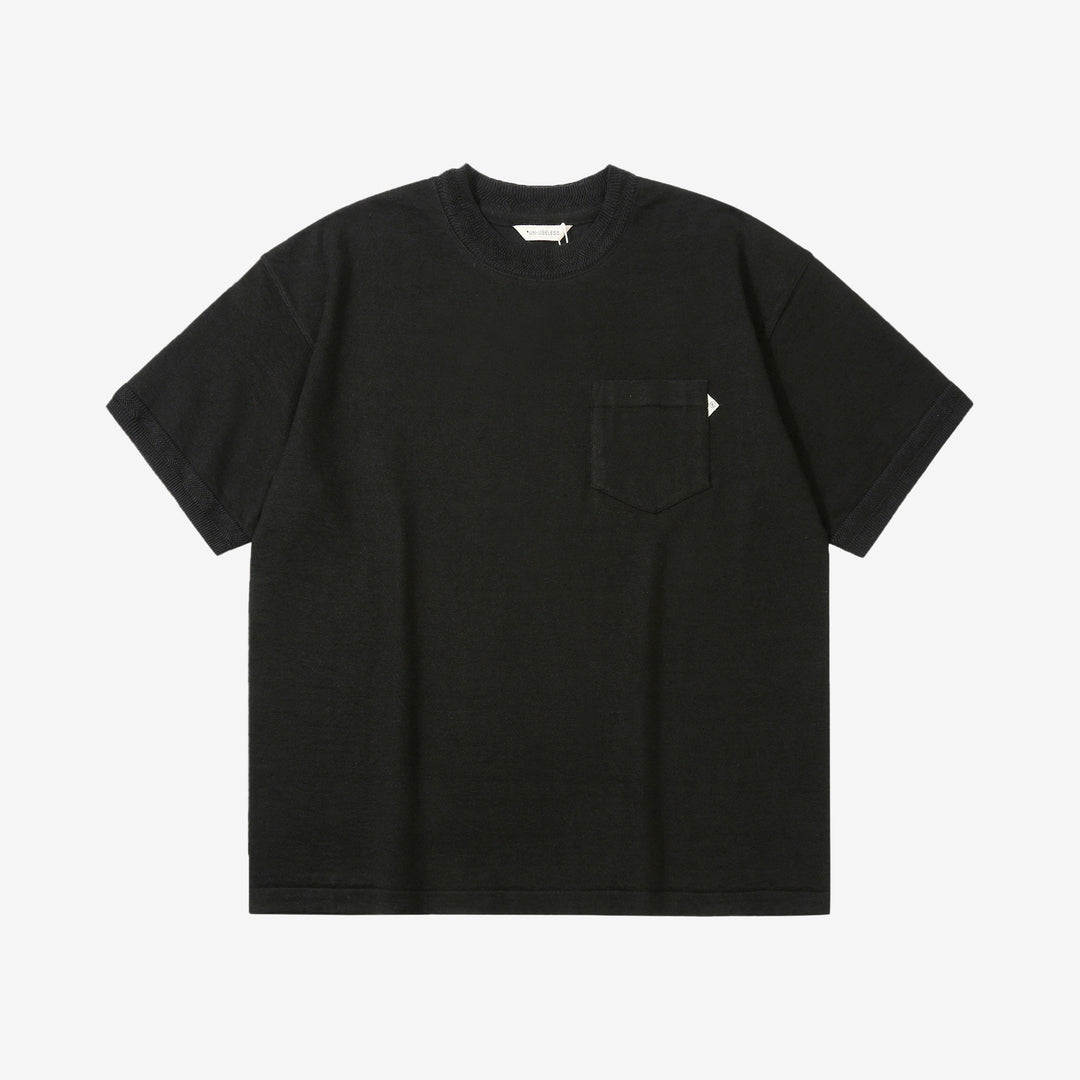 Un-Useless 170205 linen KNITEE short sleeve crew neck pocket knit T-shirt made in Japan black front view