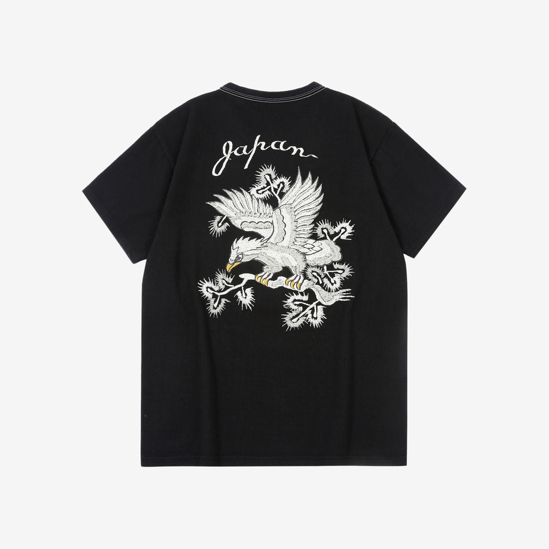 The Flat Head FN-THC-054SP eagle embroidery style print T-shirt black back view