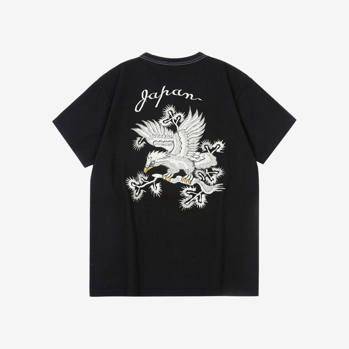 The Flat Head FN-THC-054SP eagle embroidery style print T-shirt black back view