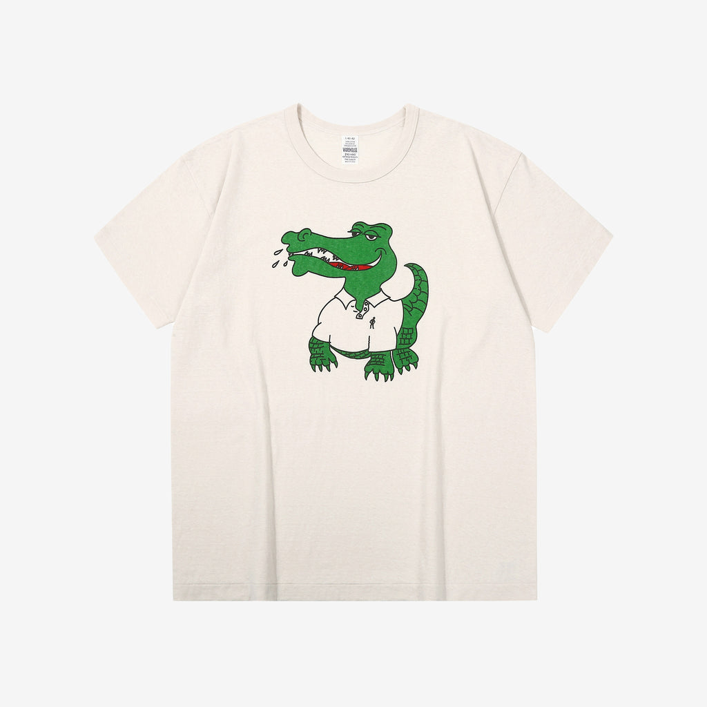 Warehouse 4064 2nd hand crocodile graphic T-shirt short sleeve vintage faded print made in Japan cotton cream front view