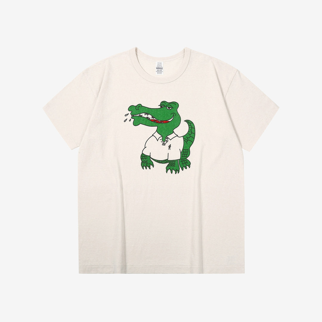 Warehouse 4064 2nd hand crocodile graphic T-shirt short sleeve vintage faded print made in Japan cotton cream front view