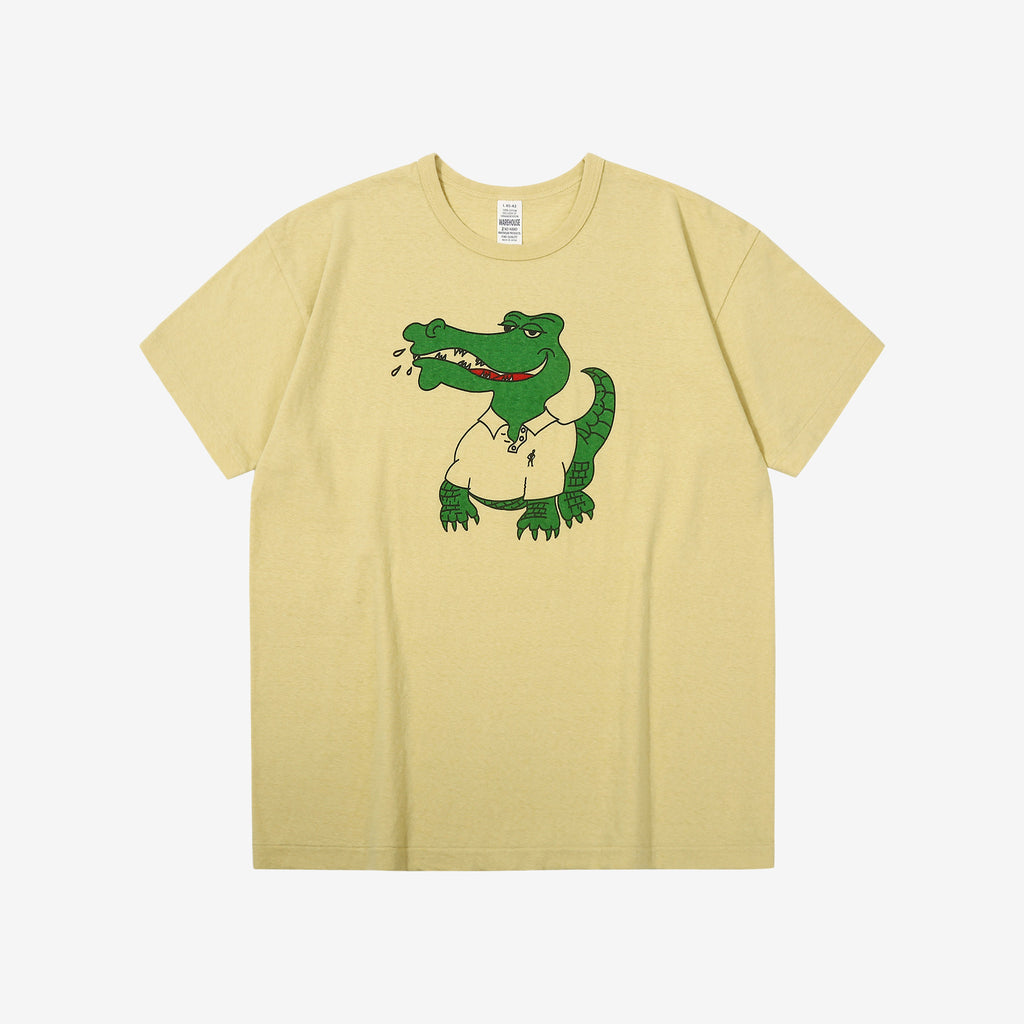 Warehouse 4064 2nd hand crocodile graphic T-shirt short sleeve vintage faded print made in Japan cotton cream yellow front view