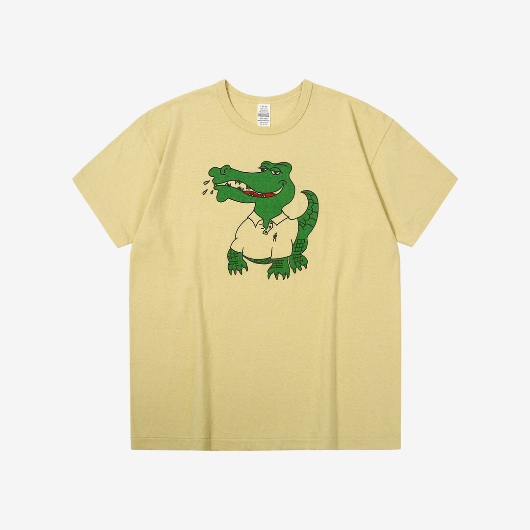 Warehouse 4064 2nd hand crocodile graphic T-shirt short sleeve vintage faded print made in Japan cotton cream yellow front view