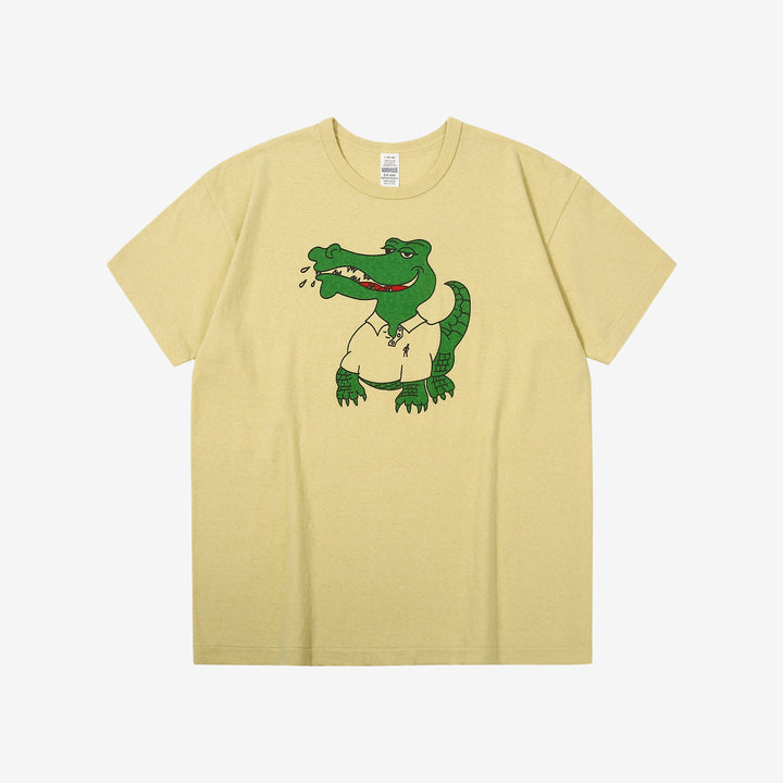 Warehouse 4064 2nd hand crocodile graphic T-shirt short sleeve vintage faded print made in Japan cotton cream yellow front view