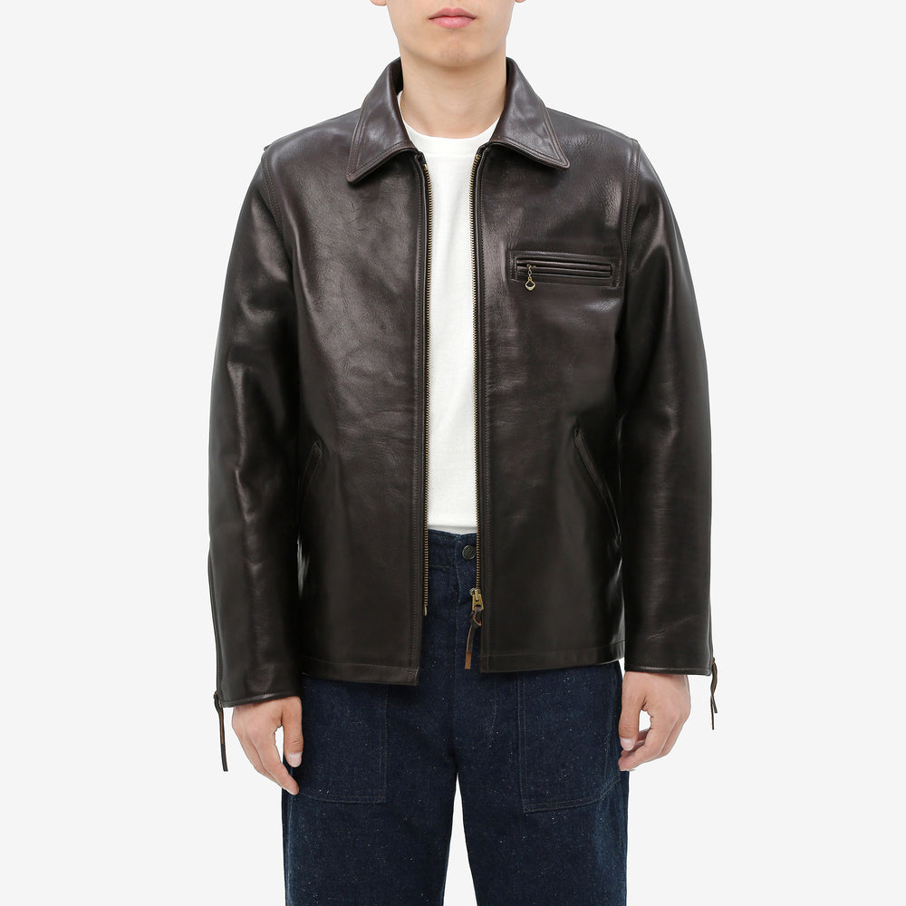 Deluxeware D-21B Single Riders Horsehide Leather Jacket - Tea-Core Black Wear Image Front Fit