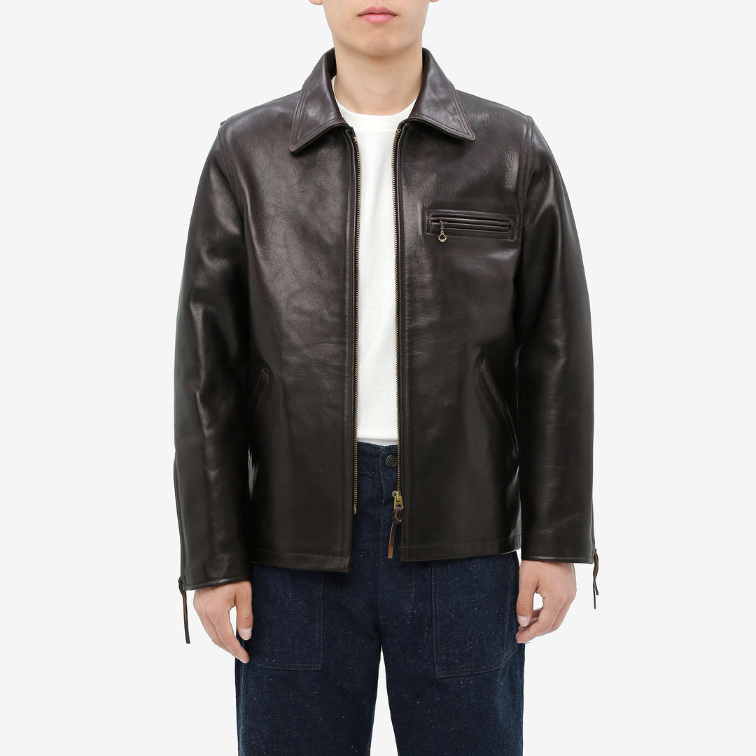Deluxeware D-21B Single Riders Horsehide Leather Jacket - Tea-Core Black Wear Image Front Fit