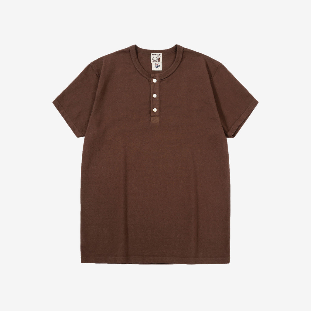Samurai Jeans SJST-SC02 Samurai Cotton Henley Neck T-Shirt Made in Japan Front View Kuri Dark