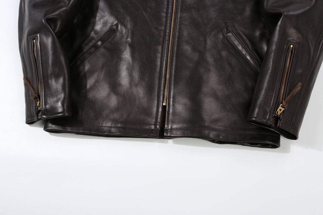 Deluxeware D-21B Single Riders Horsehide Leather Jacket - Tea-Core Black Cuff and Hem Detail