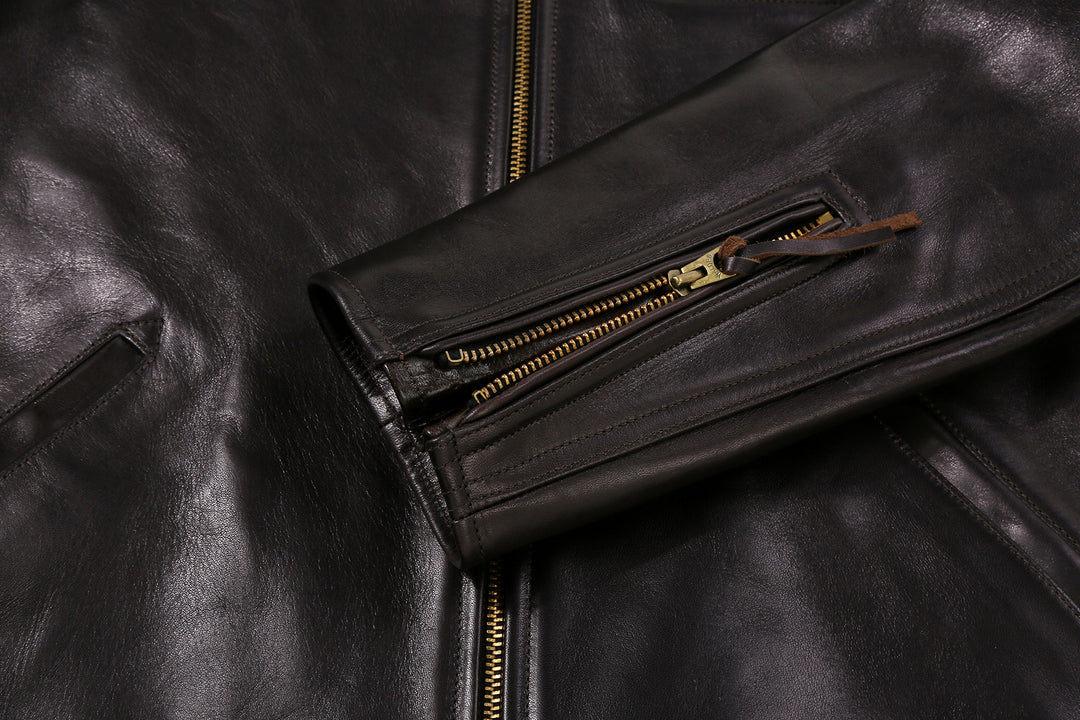 Deluxeware D-21B Single Riders Horsehide Leather Jacket - Tea-Core Black Zipped Sleeve Cuff