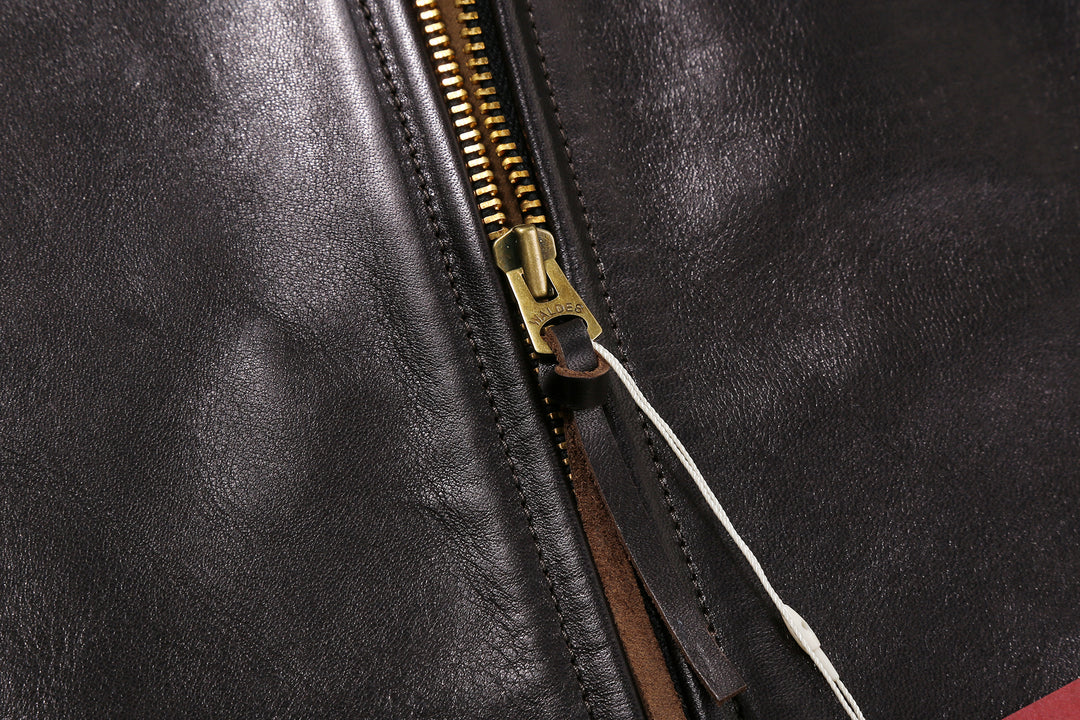 Deluxeware D-21B Single Riders Horsehide Leather Jacket - Tea-Core Black Waldes Brass Front Zipper